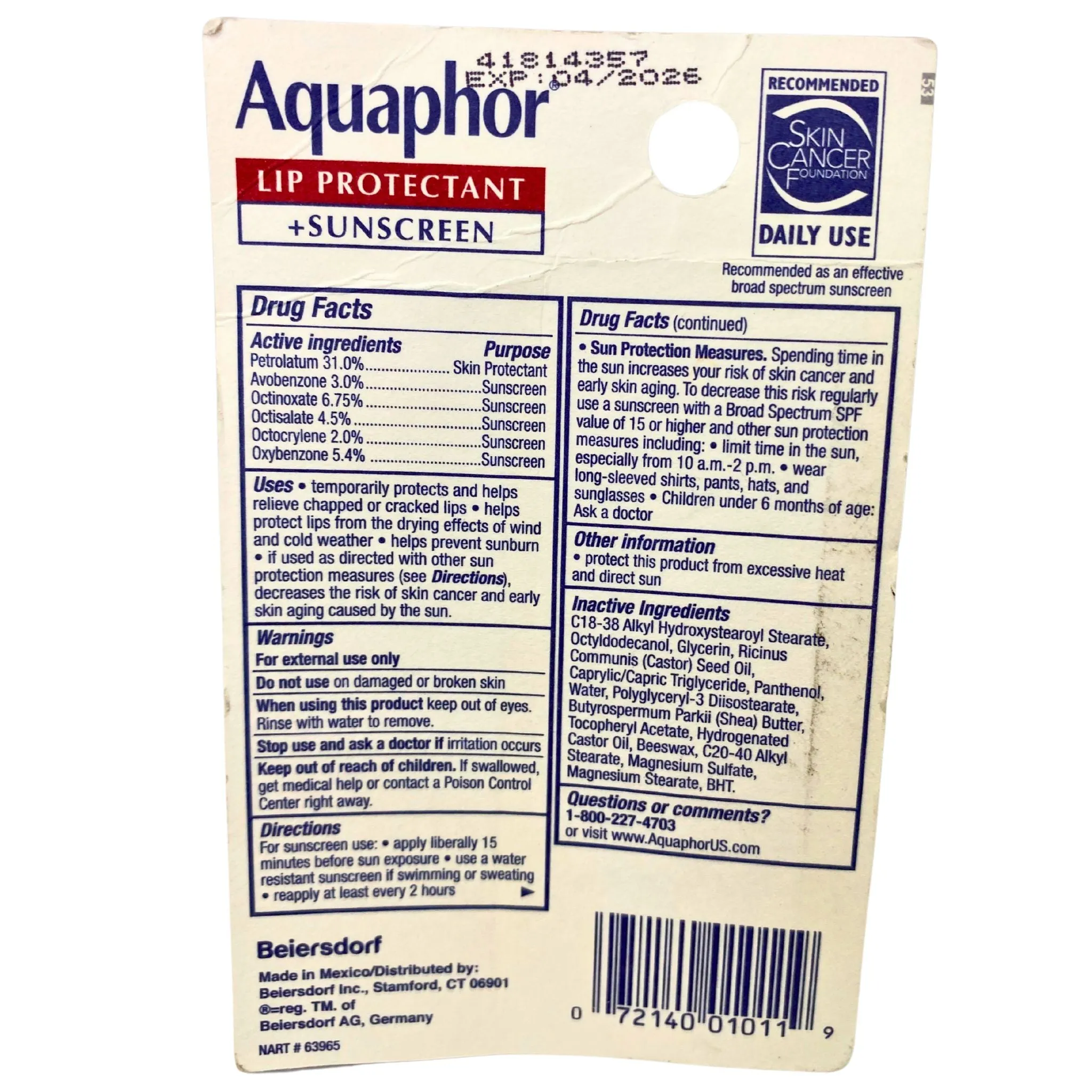 Aquaphor Lip Protectant   Sunscreen SPF 30 35OZ (48 Pcs Lot)