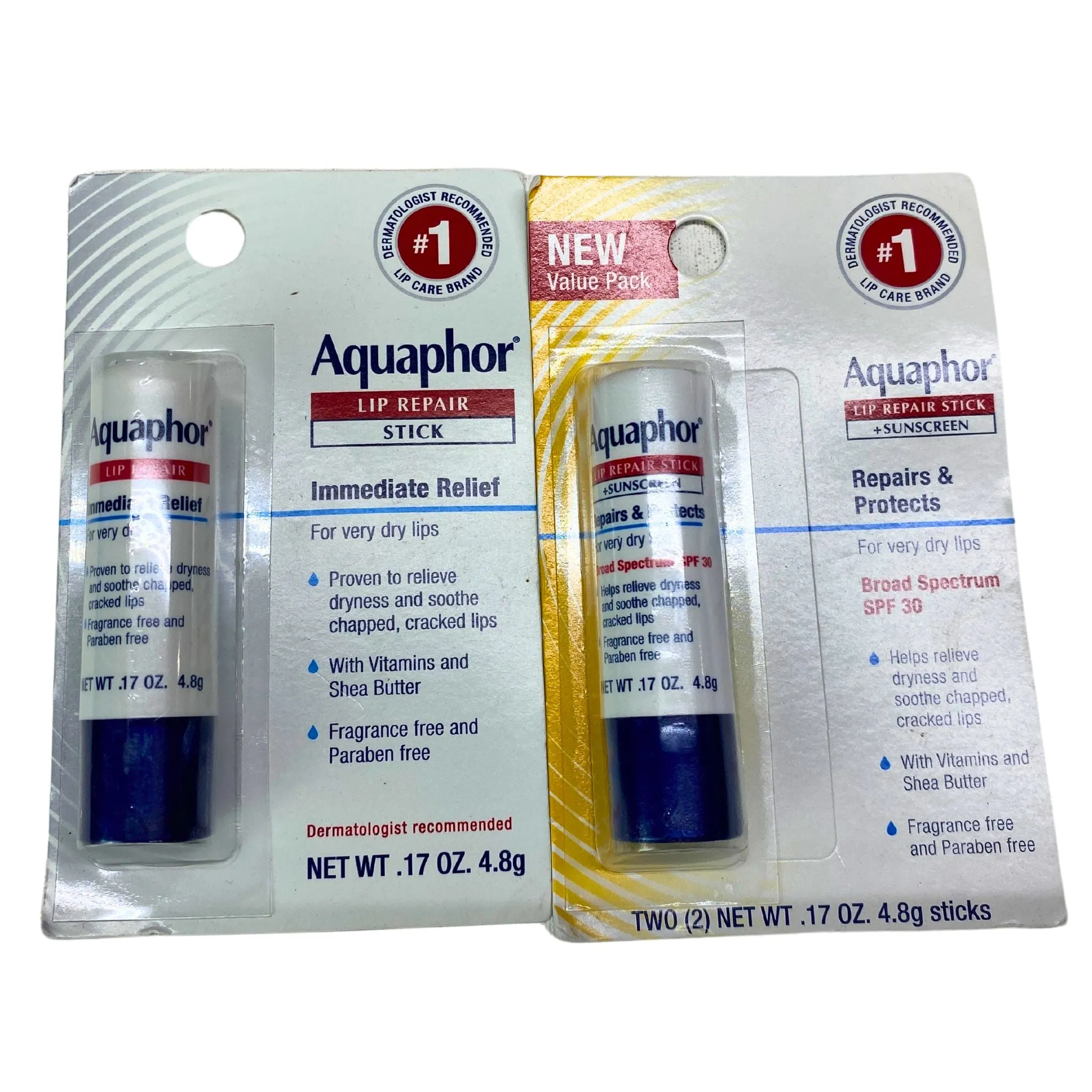 Aquaphor Lip Repair stick and Lip Repair Stick Sunscreen for Very dry Lips WT. 17 OZ (50 Pcs Lot)