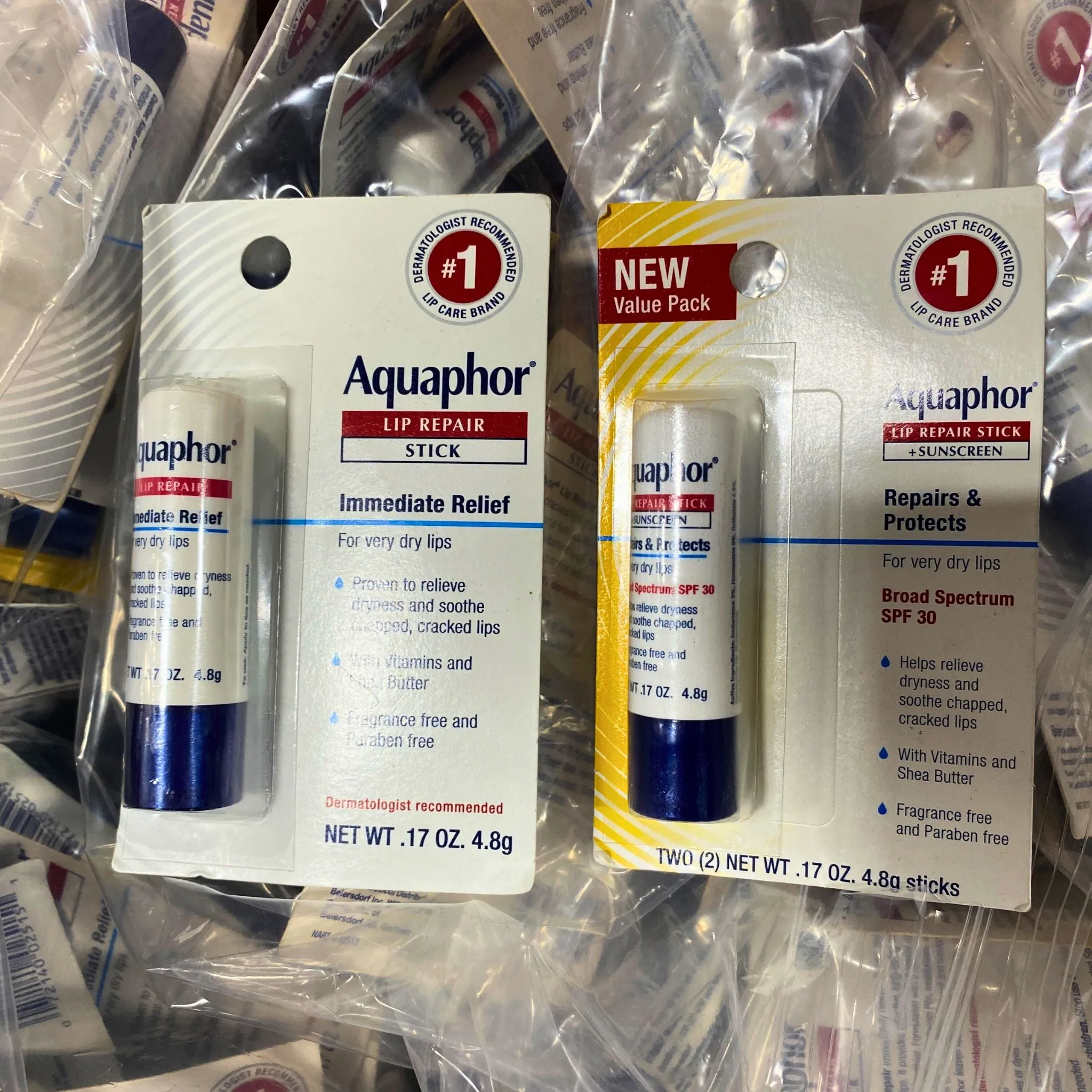 Aquaphor Lip Repair stick and Lip Repair Stick Sunscreen for Very dry Lips WT. 17 OZ (50 Pcs Lot)