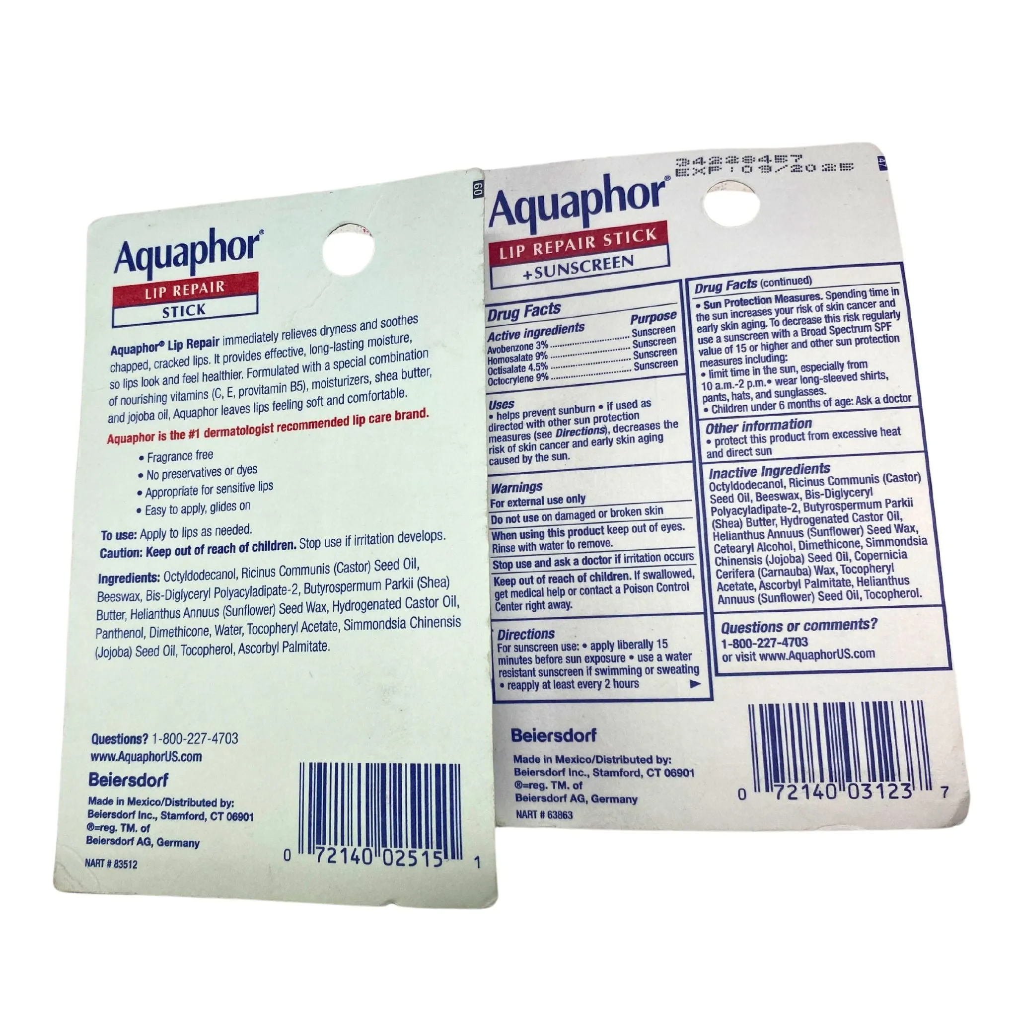 Aquaphor Lip Repair stick and Lip Repair Stick Sunscreen for Very dry Lips WT. 17 OZ (50 Pcs Lot)