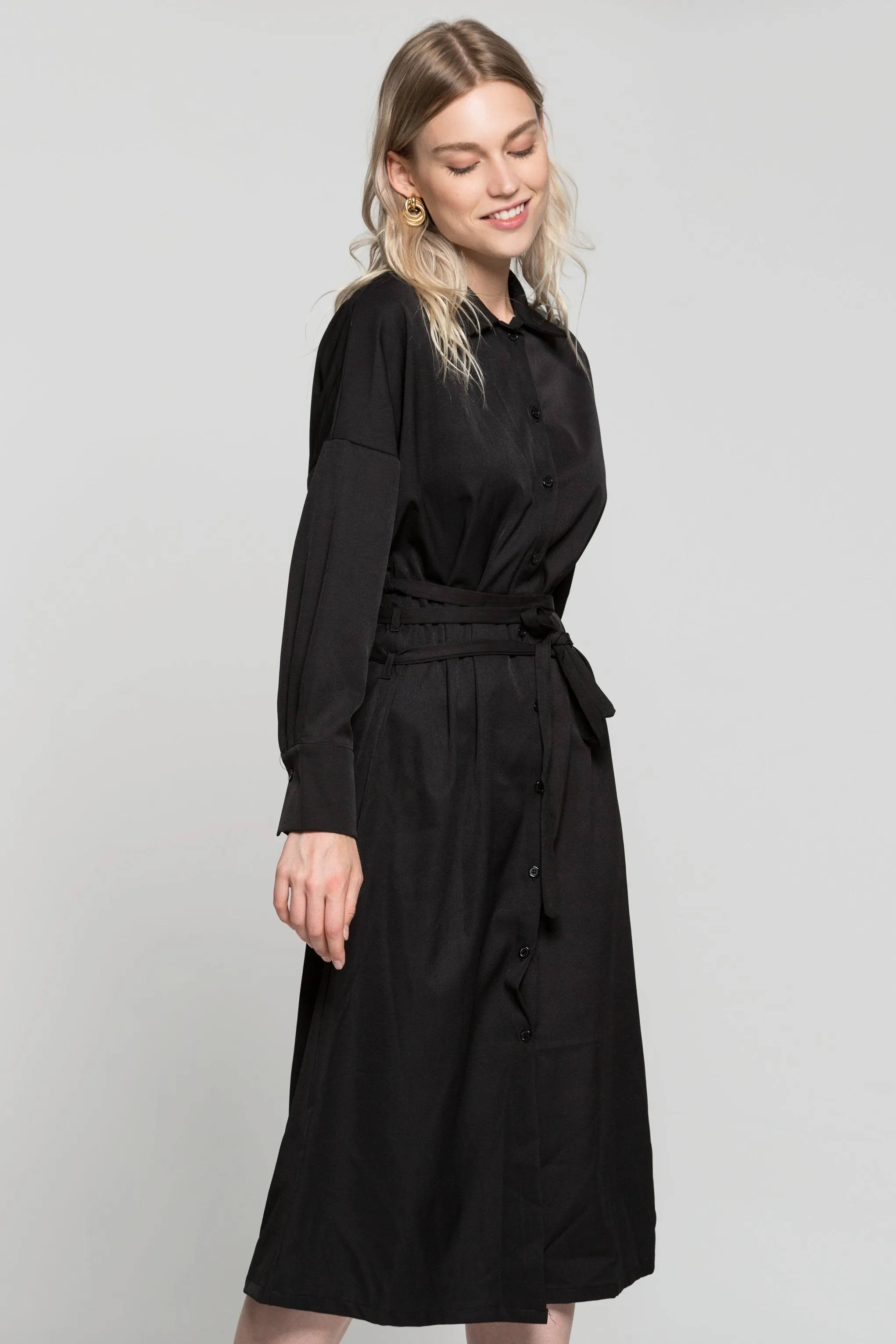 Black Button Up Jacket Dress with Criss Cross Strap Belt