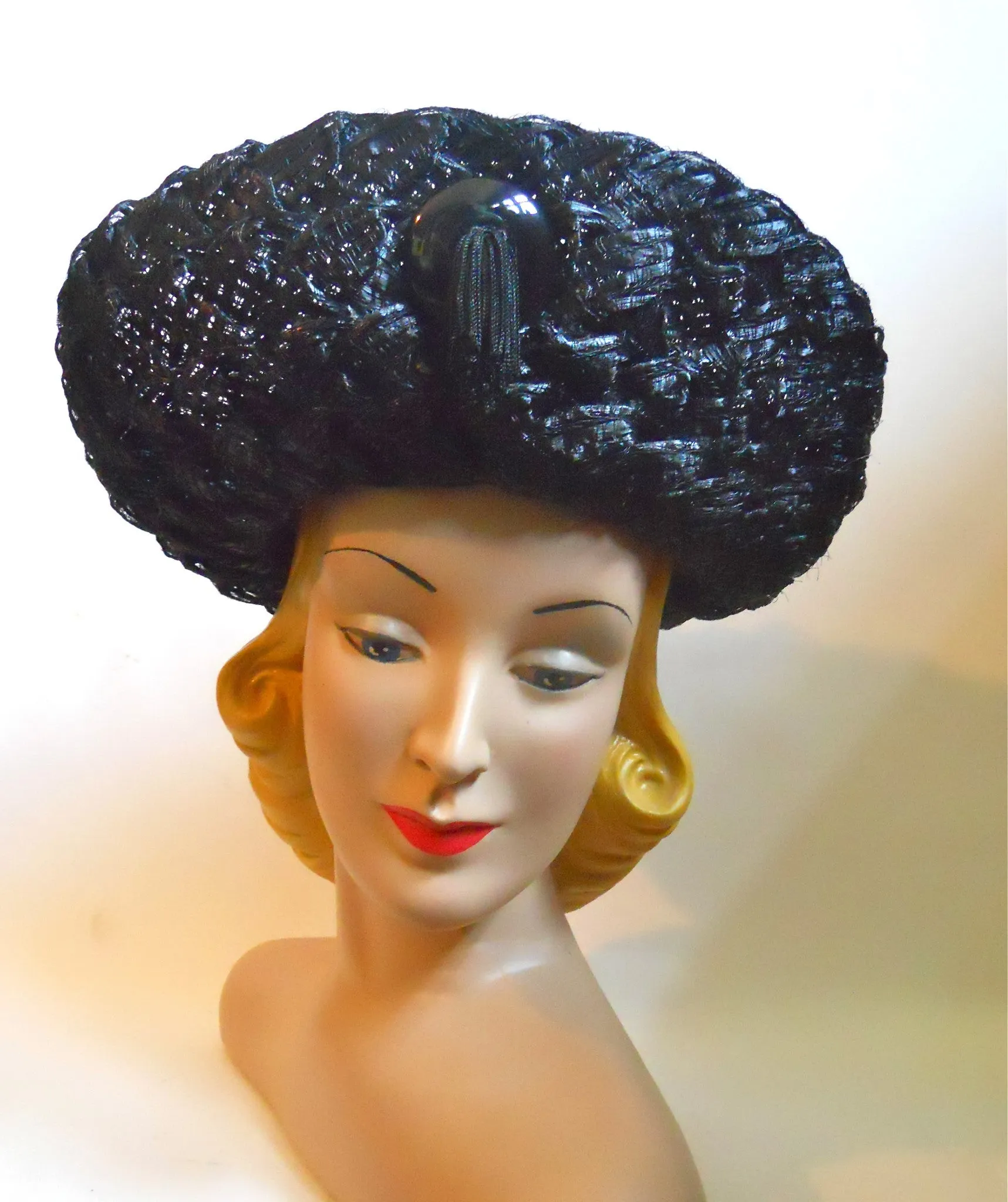 Black Glossy Wide Weave Sisal Hat with Upturned Brim and Tassel circa 1960s