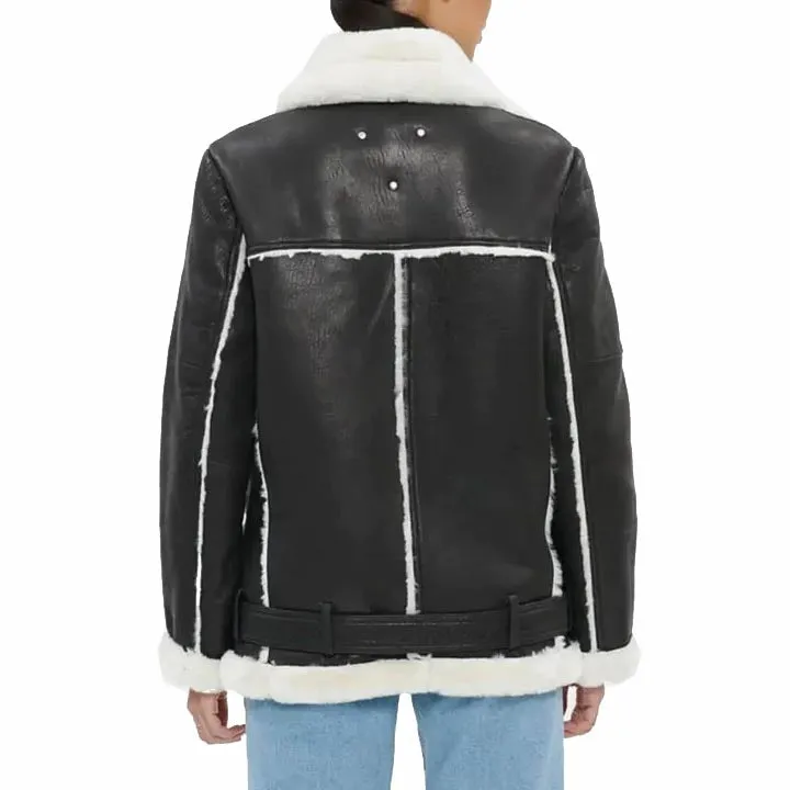 Black Oversized Shearling Leather Jacket For Women