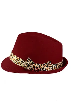 Burgundy Satin Leopard Band Fashioned Fedora Hat Unisex