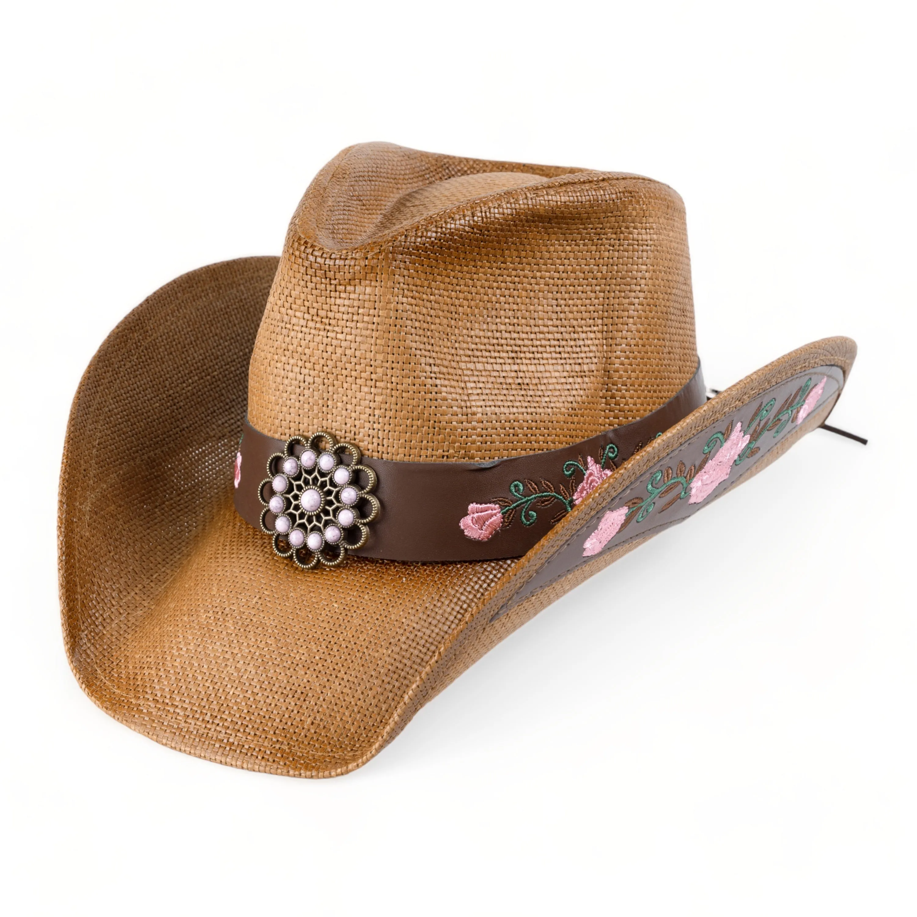 Chokore Embroidered Straw Cowboy Hat with Windproof Belt (Khaki)