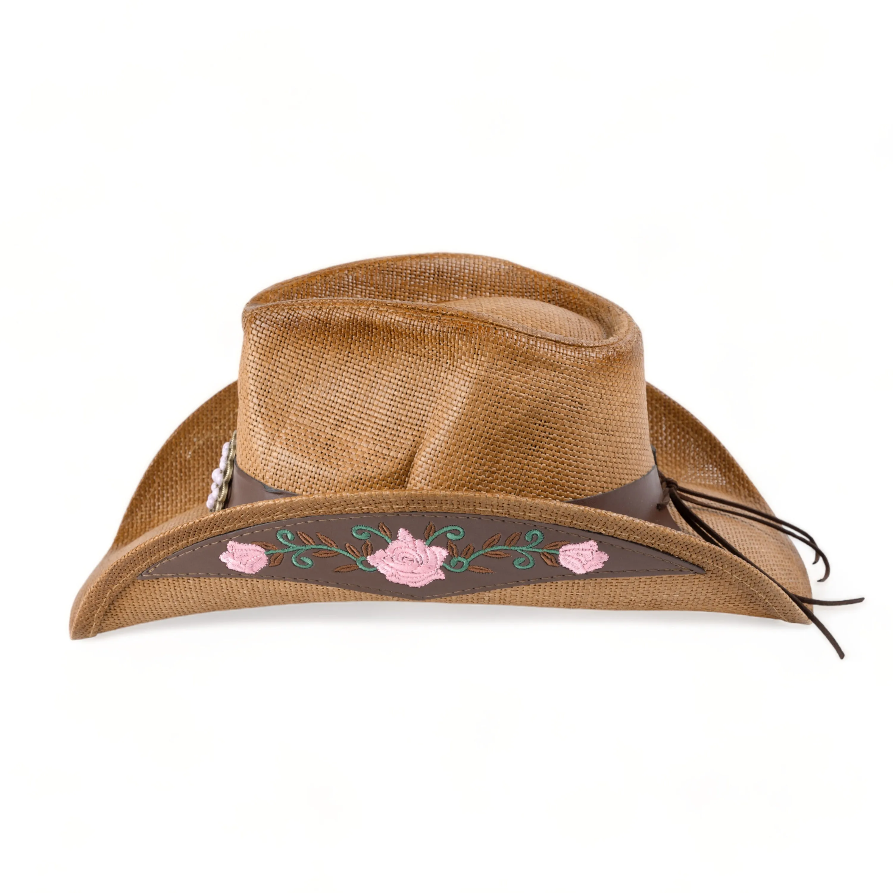 Chokore Embroidered Straw Cowboy Hat with Windproof Belt (Khaki)