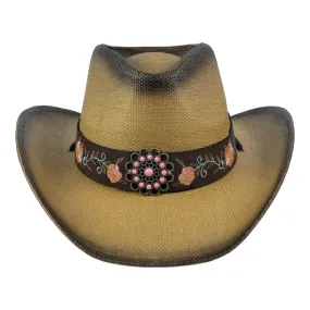 Chokore Embroidered Straw Cowboy Hat with Windproof Rope (Khaki)