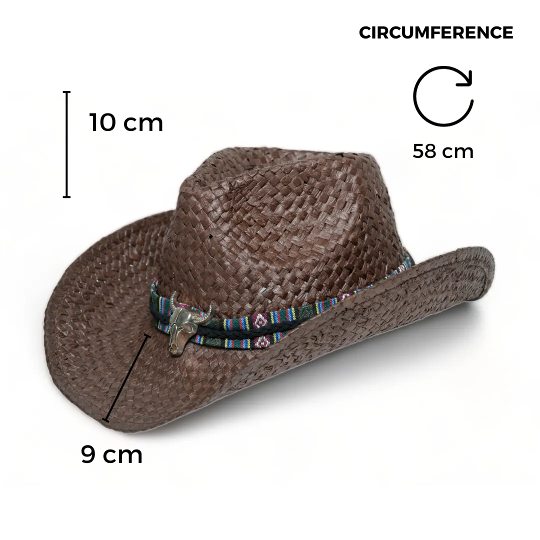 Chokore Handcrafted Straw Cowboy Hat with Ox head Belt (Brown)