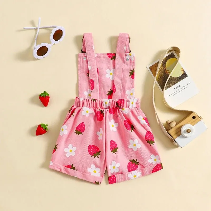 Girls Denim Floral Short Overalls