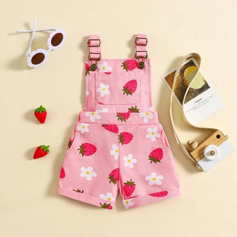 Girls Denim Floral Short Overalls