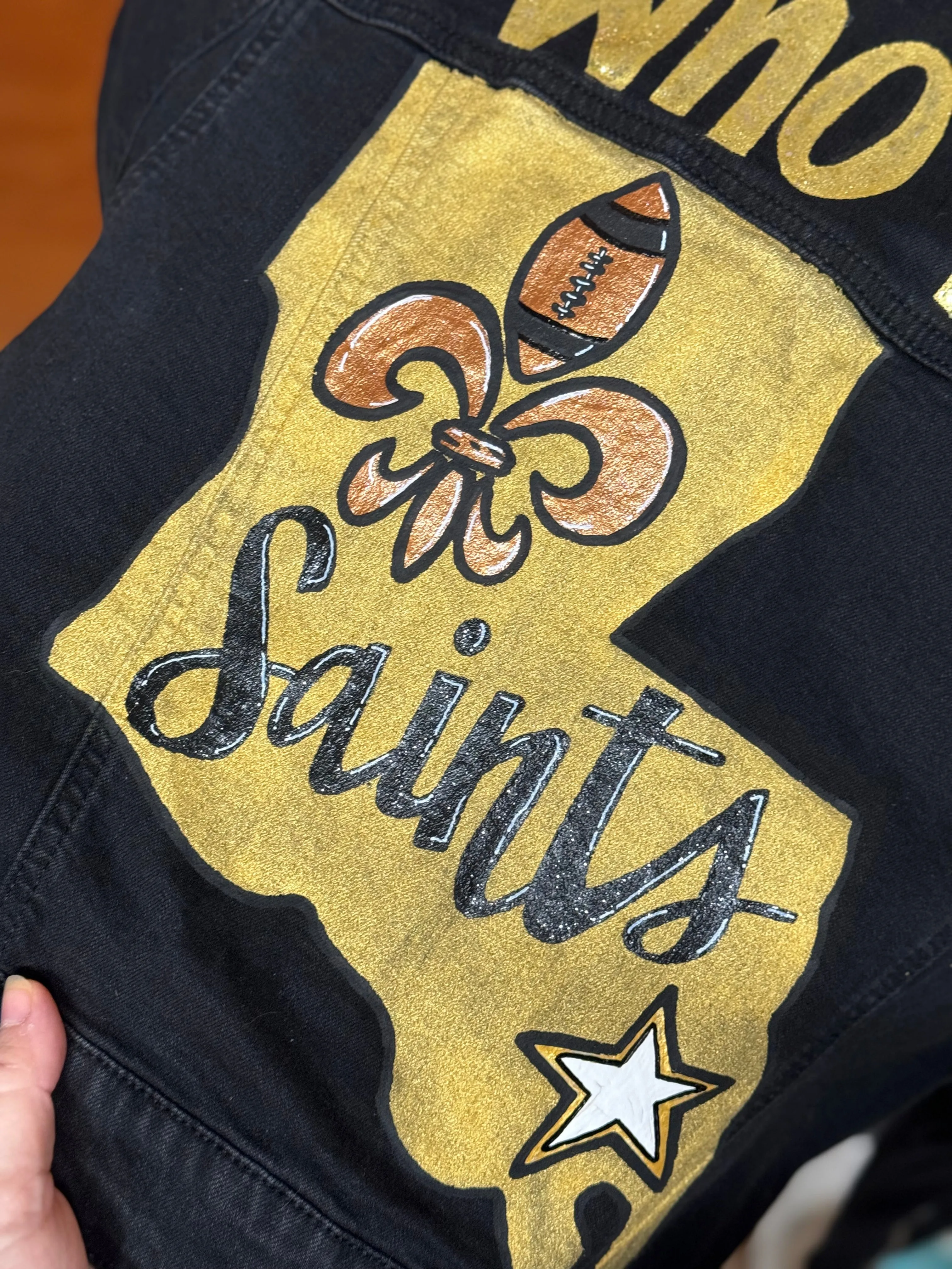 Hand Painted Jean Jacket: “Who Dat”, New Orleans Jacket, Hand Painted, NOLA Saints, Louisiana