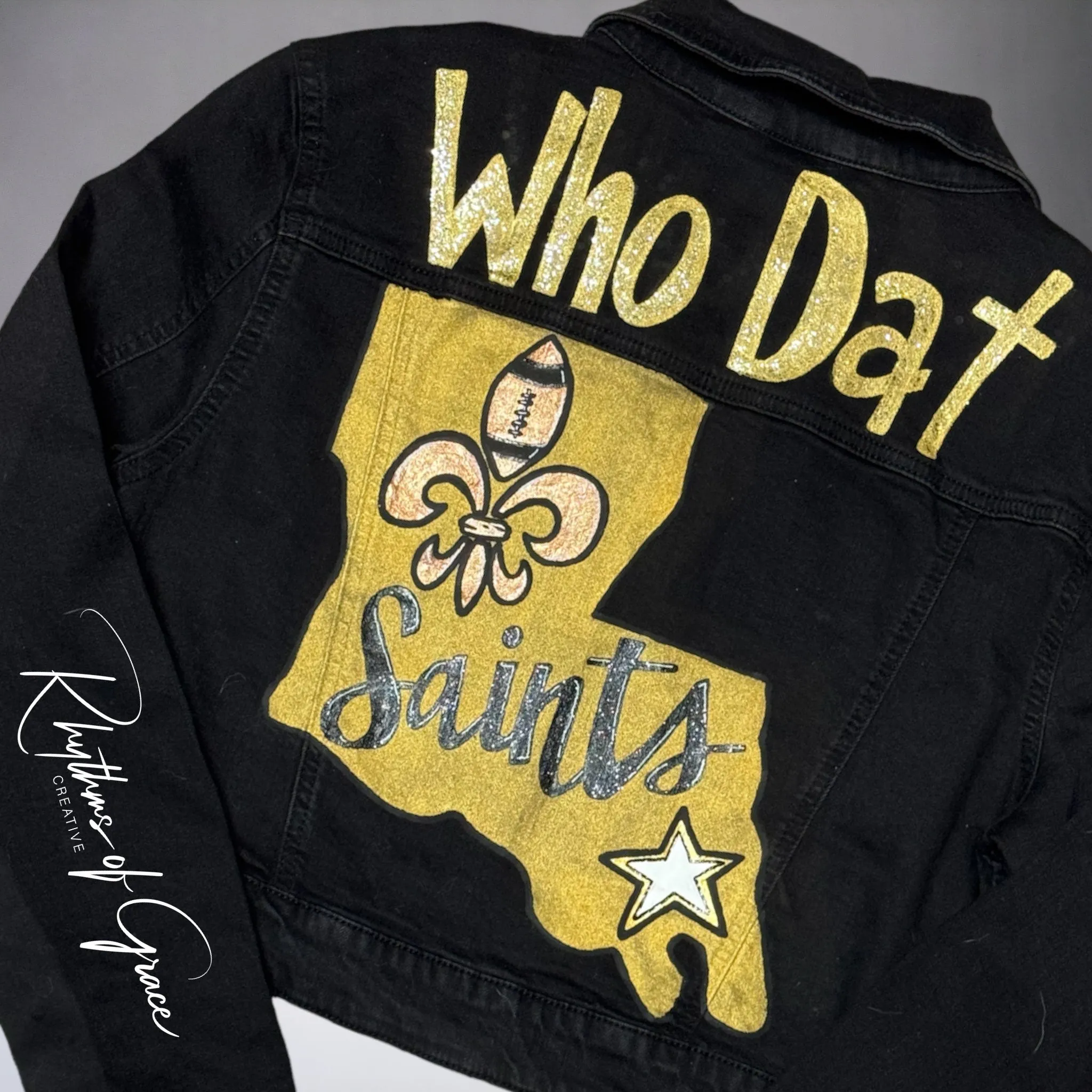 Hand Painted Jean Jacket: “Who Dat”, New Orleans Jacket, Hand Painted, NOLA Saints, Louisiana