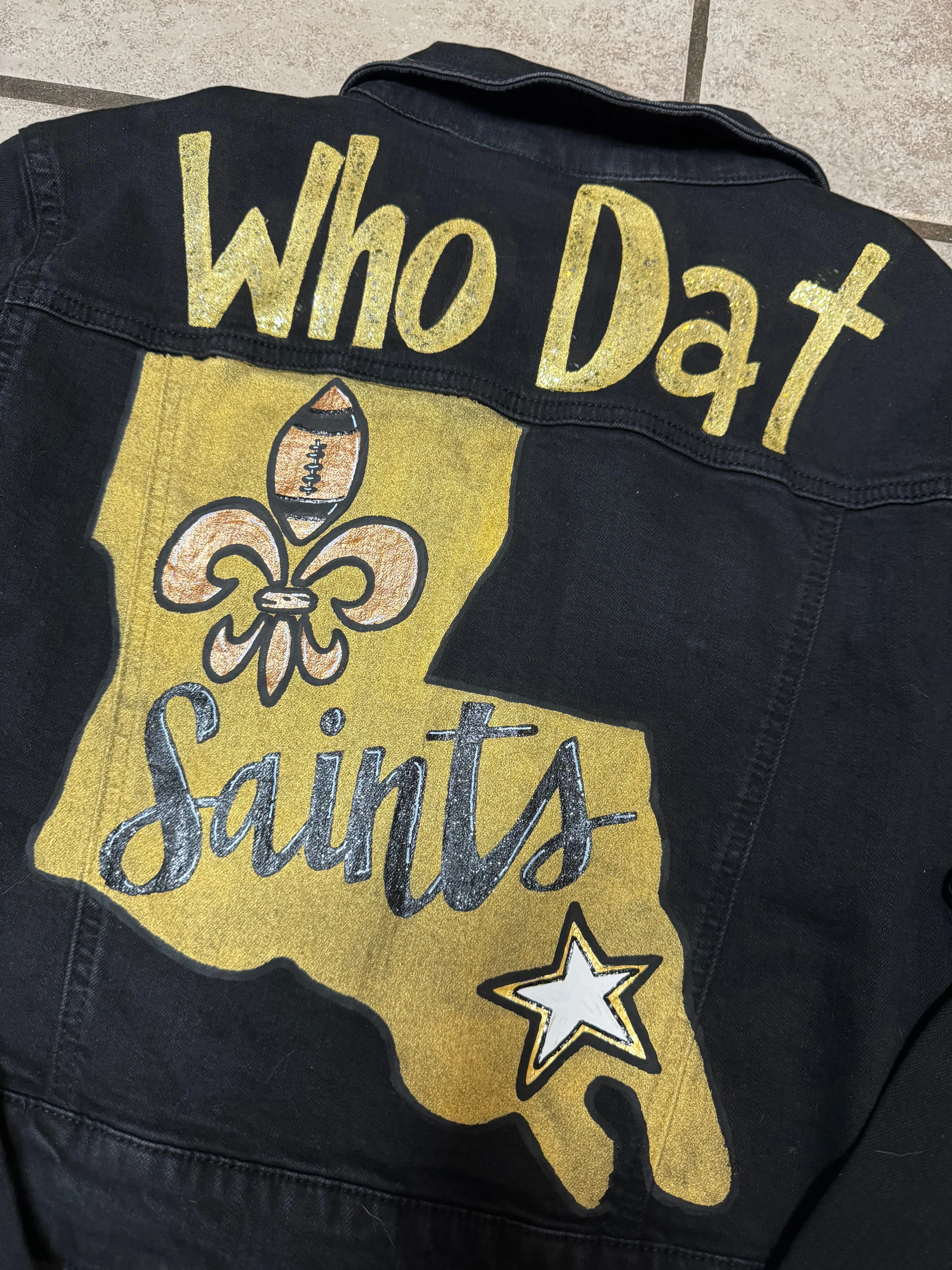 Hand Painted Jean Jacket: “Who Dat”, New Orleans Jacket, Hand Painted, NOLA Saints, Louisiana