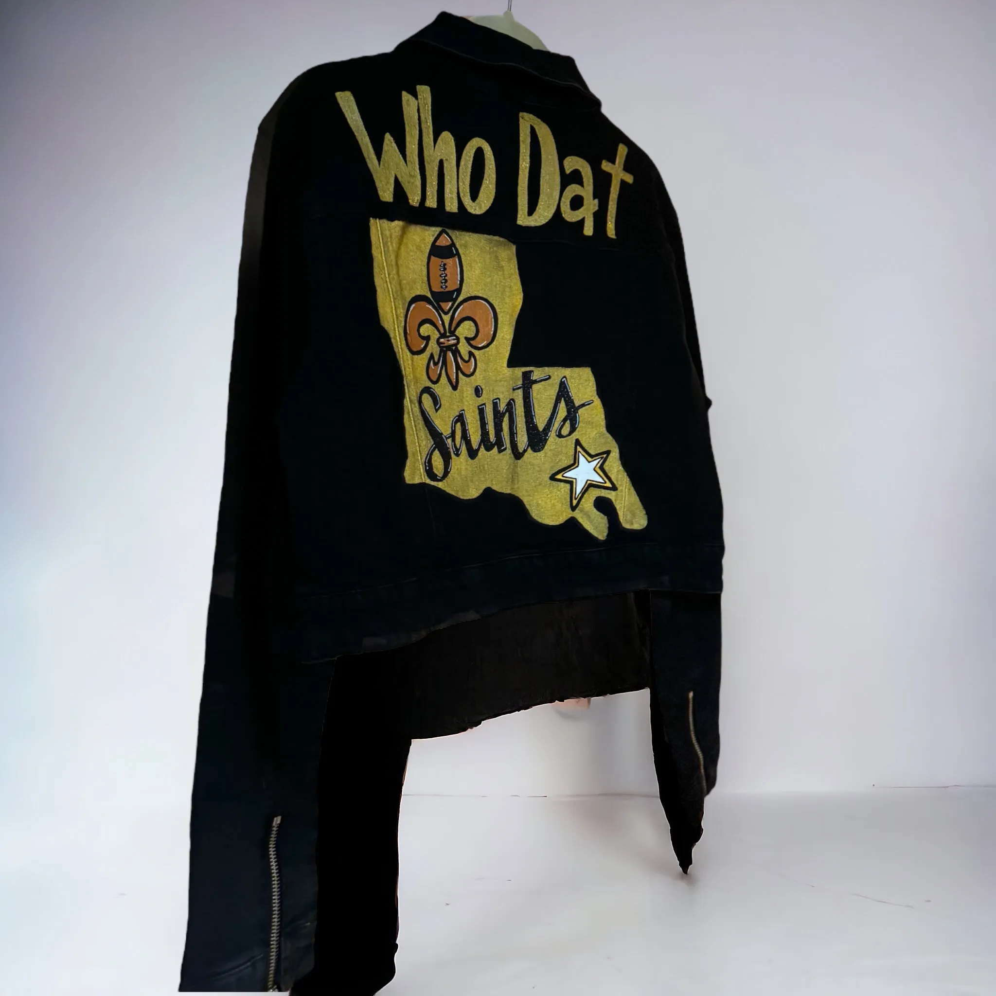 Hand Painted Jean Jacket: “Who Dat”, New Orleans Jacket, Hand Painted, NOLA Saints, Louisiana