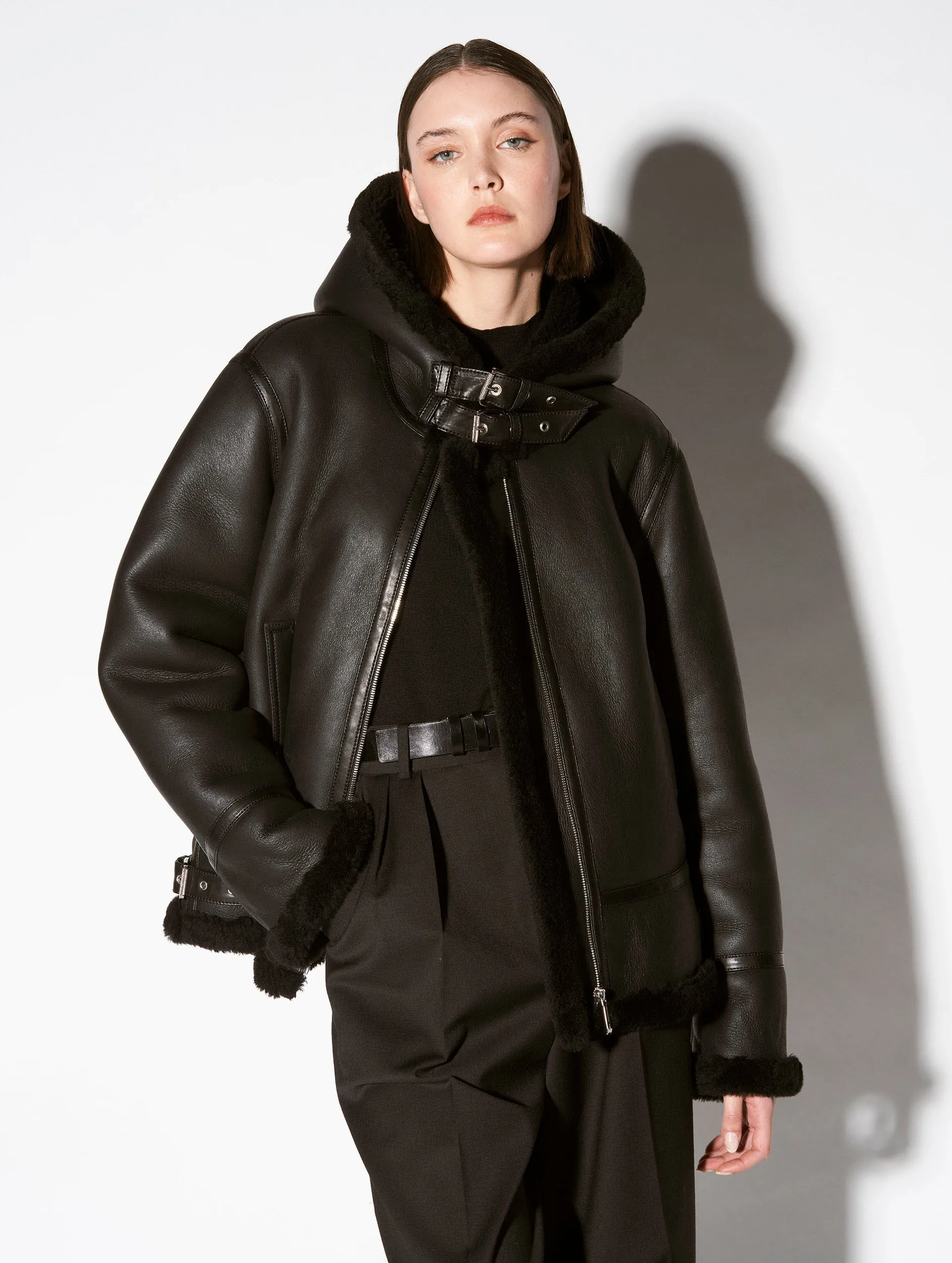 Hooded black shearling bomber jacket