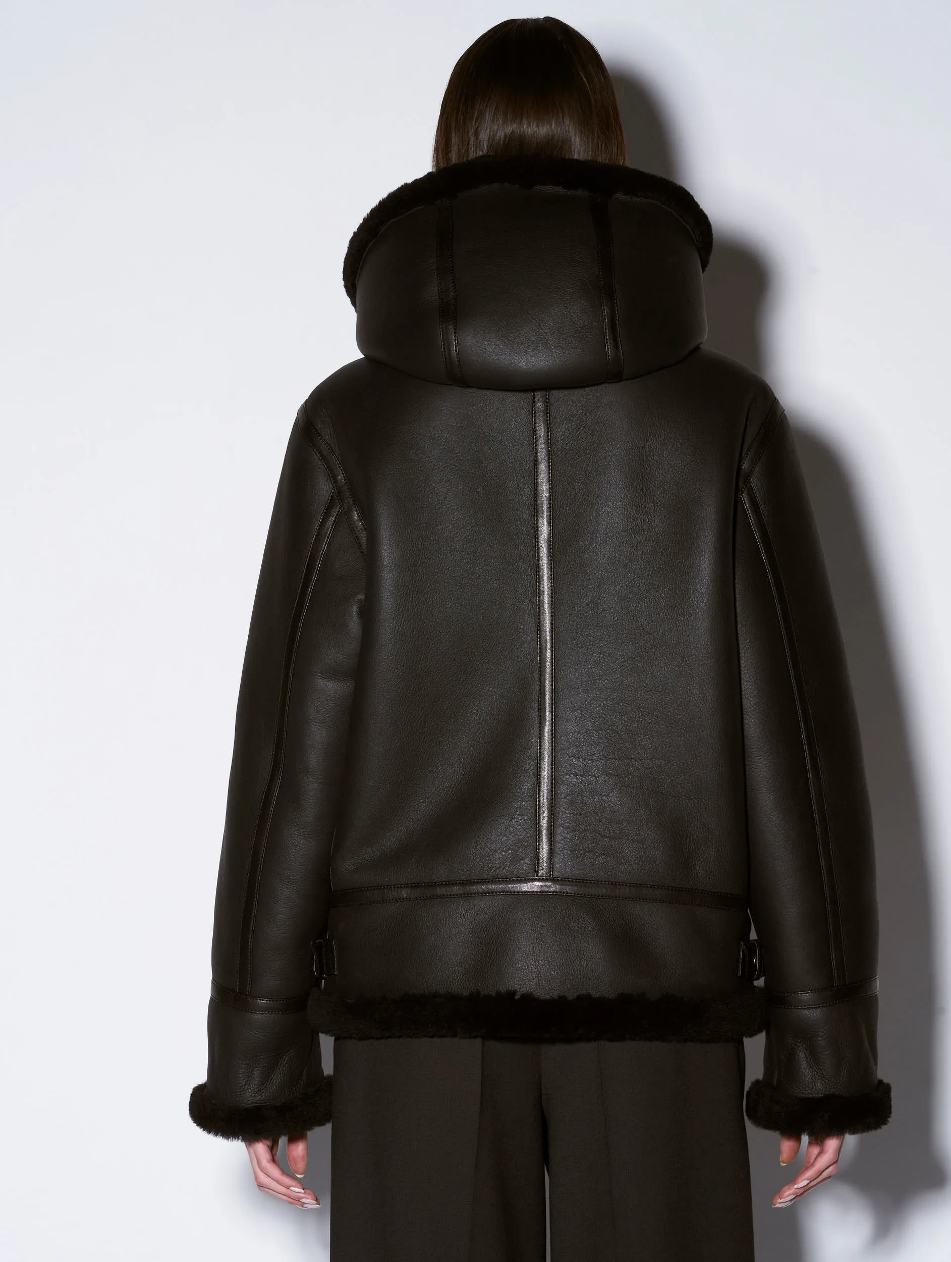 Hooded black shearling bomber jacket