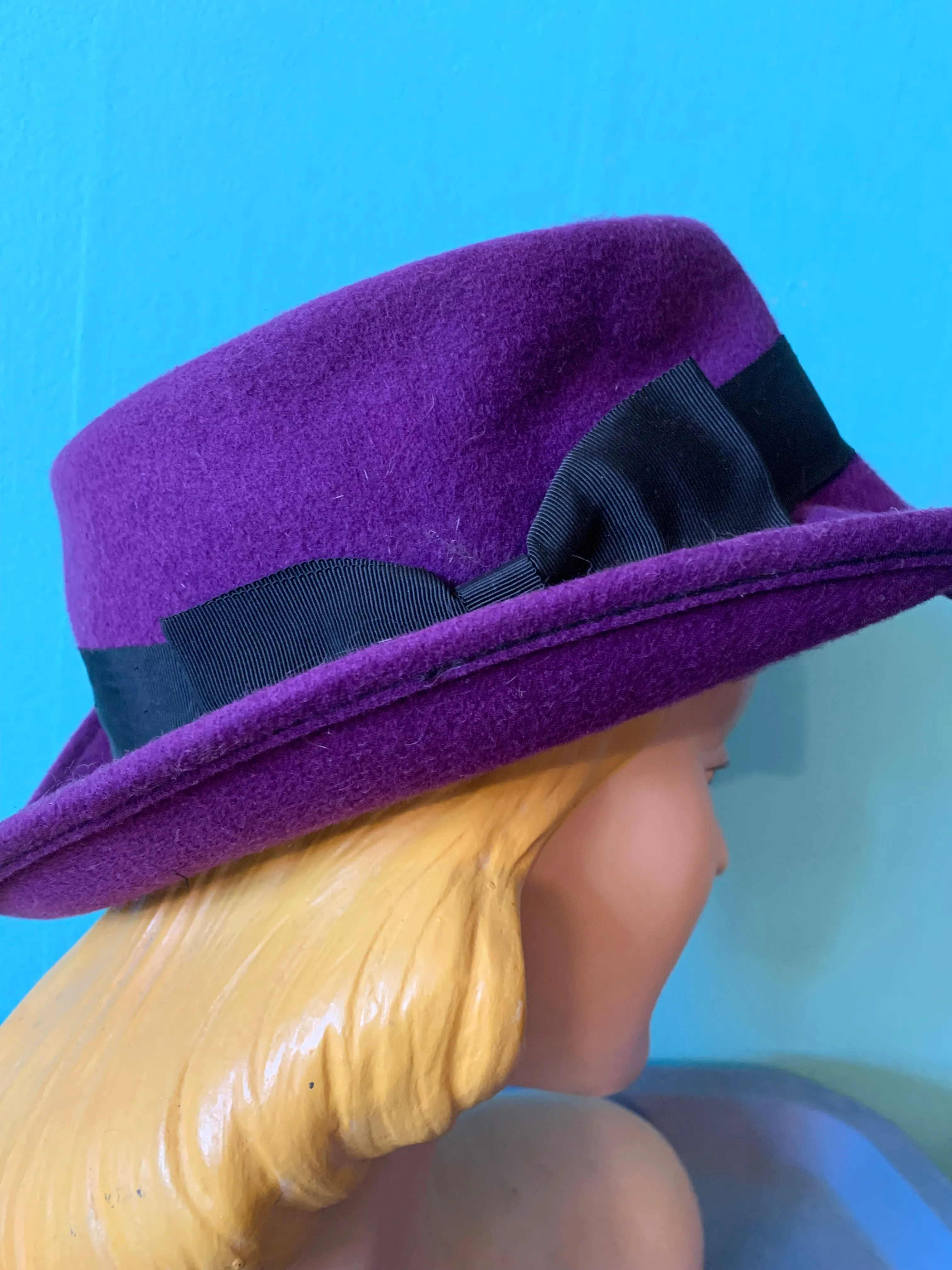 Jaunty Purple Felted Wool Fedora Style Hat circa 1980s