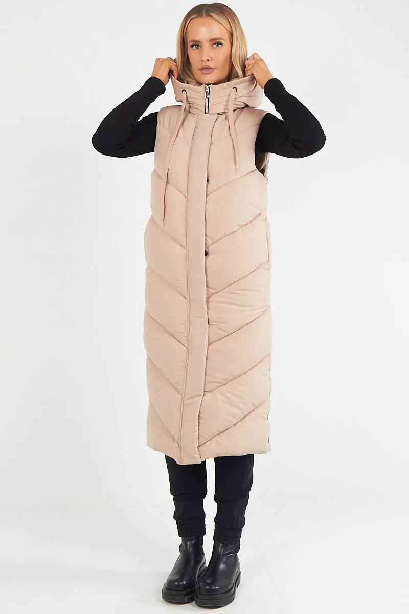 LADIES LONG PADDED HOODED VEST JACKET-BEIGE