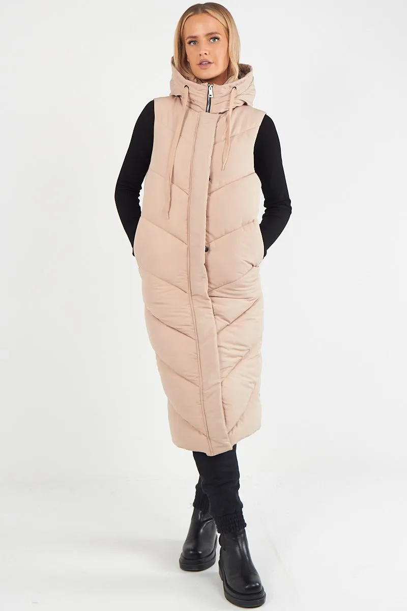 LADIES LONG PADDED HOODED VEST JACKET-BEIGE