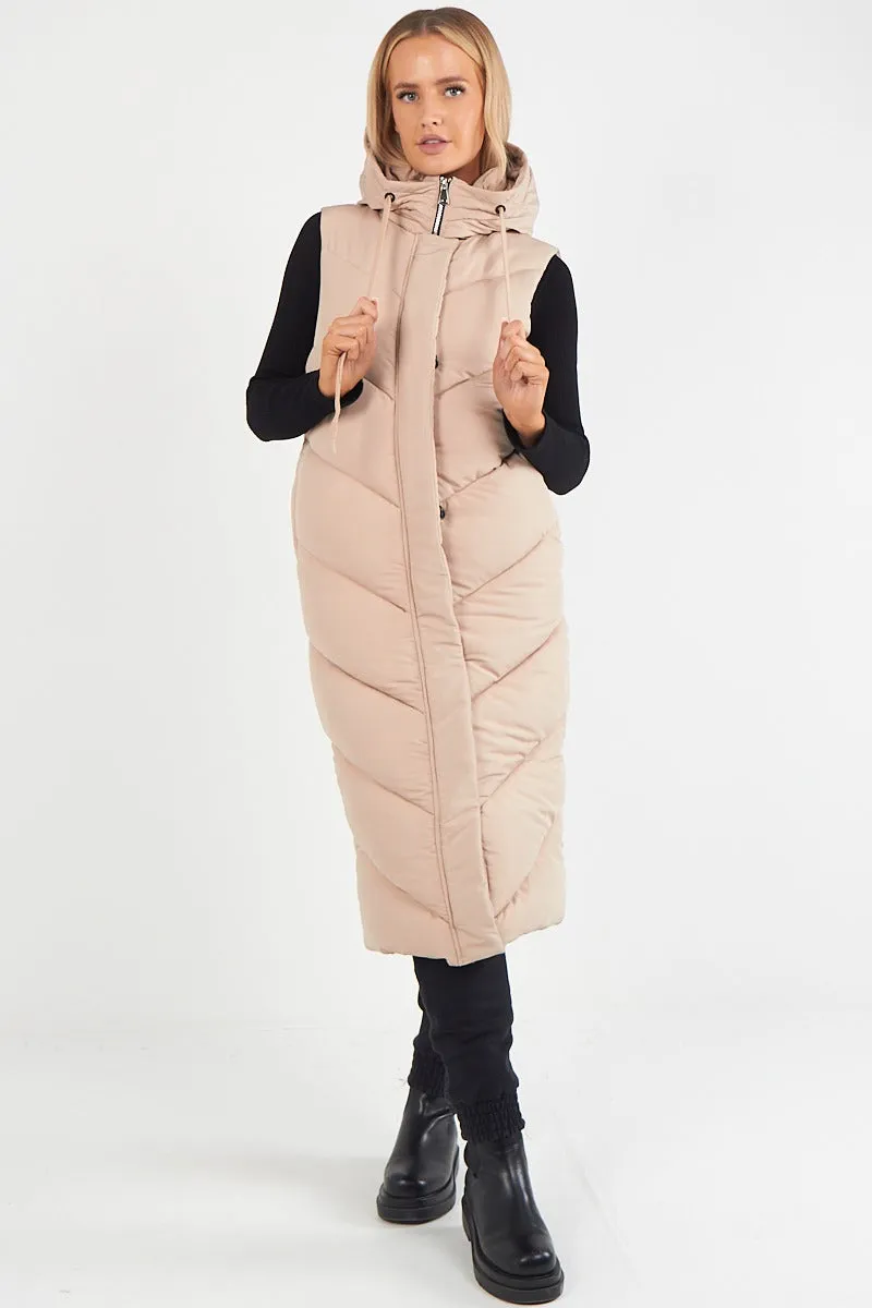 LADIES LONG PADDED HOODED VEST JACKET-BEIGE