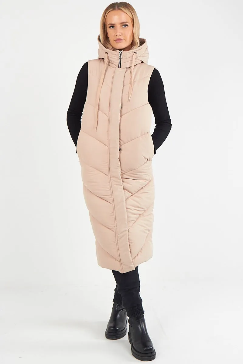 LADIES LONG PADDED HOODED VEST JACKET-BEIGE