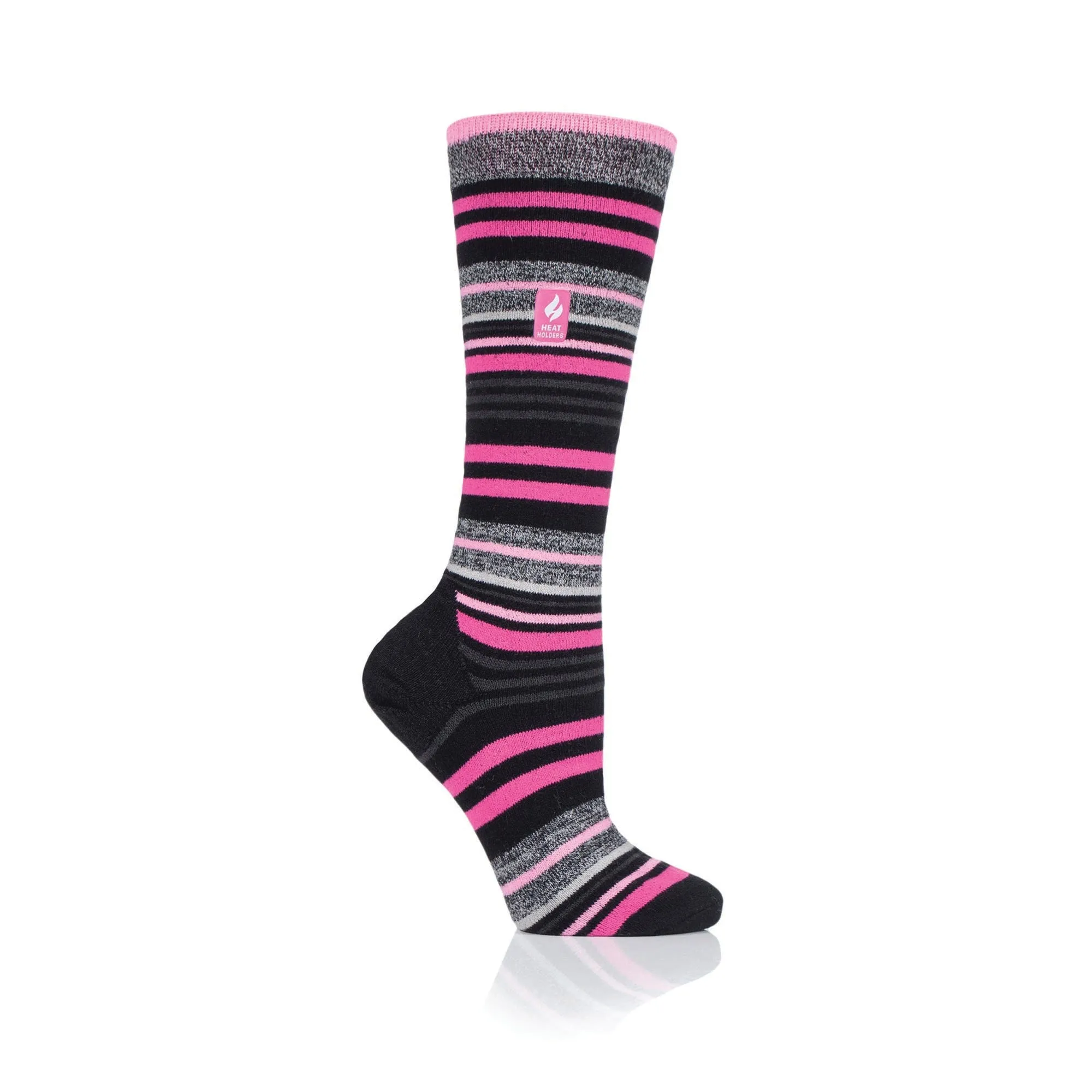 Ladies Ultra Lite Long Ski & Snow Sports Socks - Black & Pink Stripe