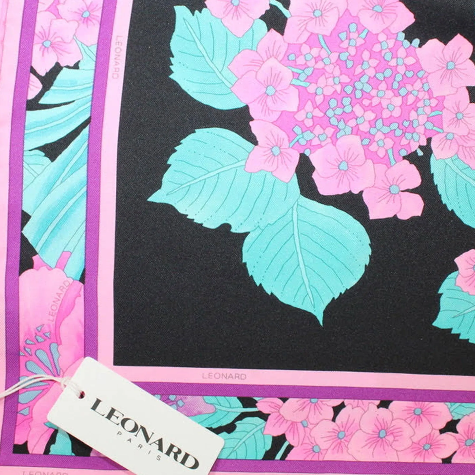 Leonard Paris Scarf Black Pink Aqua Floral - Square Twill Silk Scarf SALE