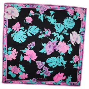 Leonard Paris Scarf Black Pink Aqua Floral - Square Twill Silk Scarf SALE