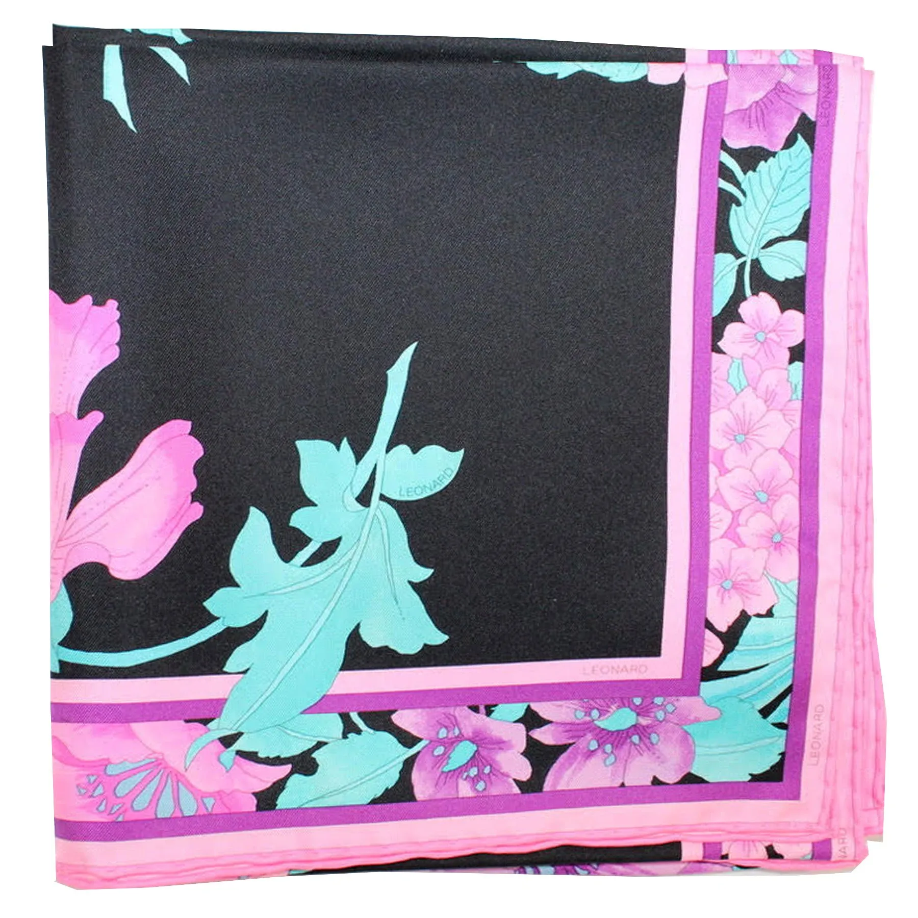 Leonard Paris Scarf Black Pink Aqua Floral - Square Twill Silk Scarf SALE