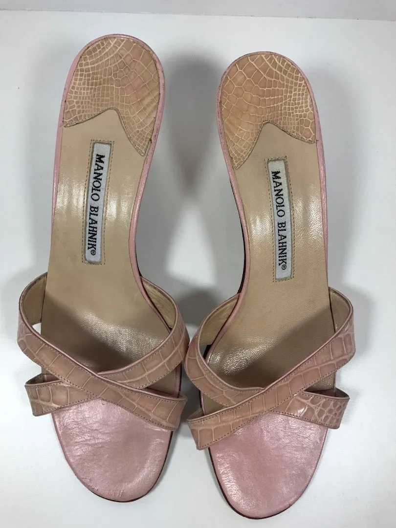 MANOLO BLAHNIK Pink Crocodile Cross Strap Sandal Slide Heel Size 7 1/2