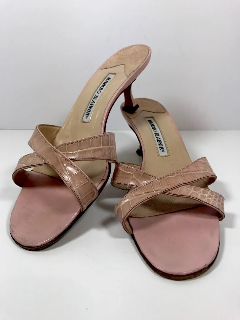 MANOLO BLAHNIK Pink Crocodile Cross Strap Sandal Slide Heel Size 7 1/2