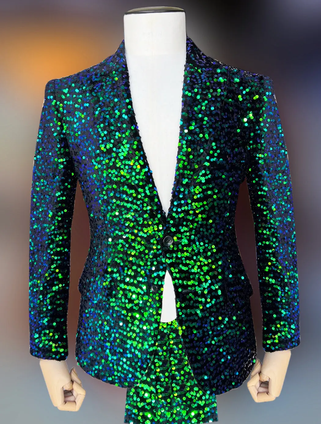 mens sequin suit, green/blue