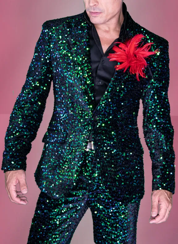 mens sequin suit, green/blue