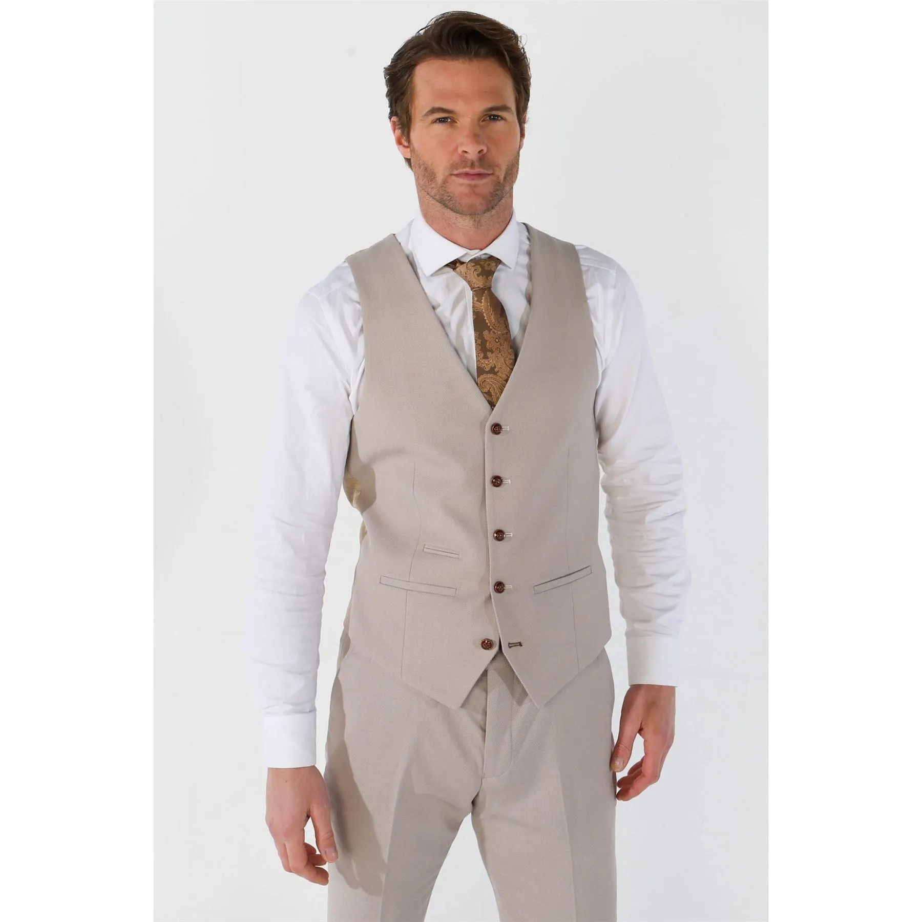 Men's Suit 3 Piece Beige Classic Birdseye Summer Wedding