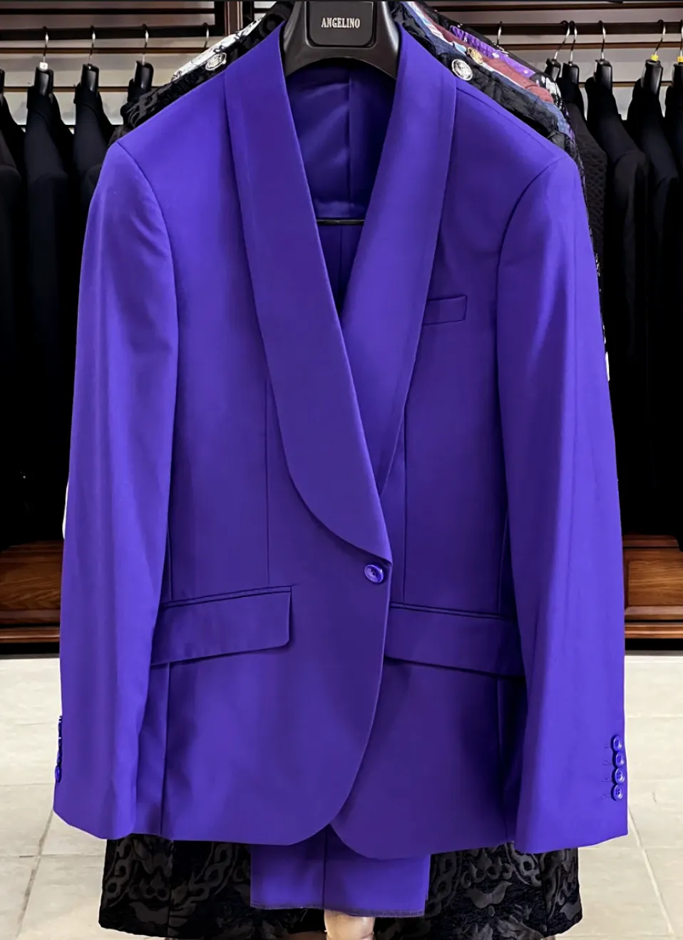 mens suits, purple, shawl lapel