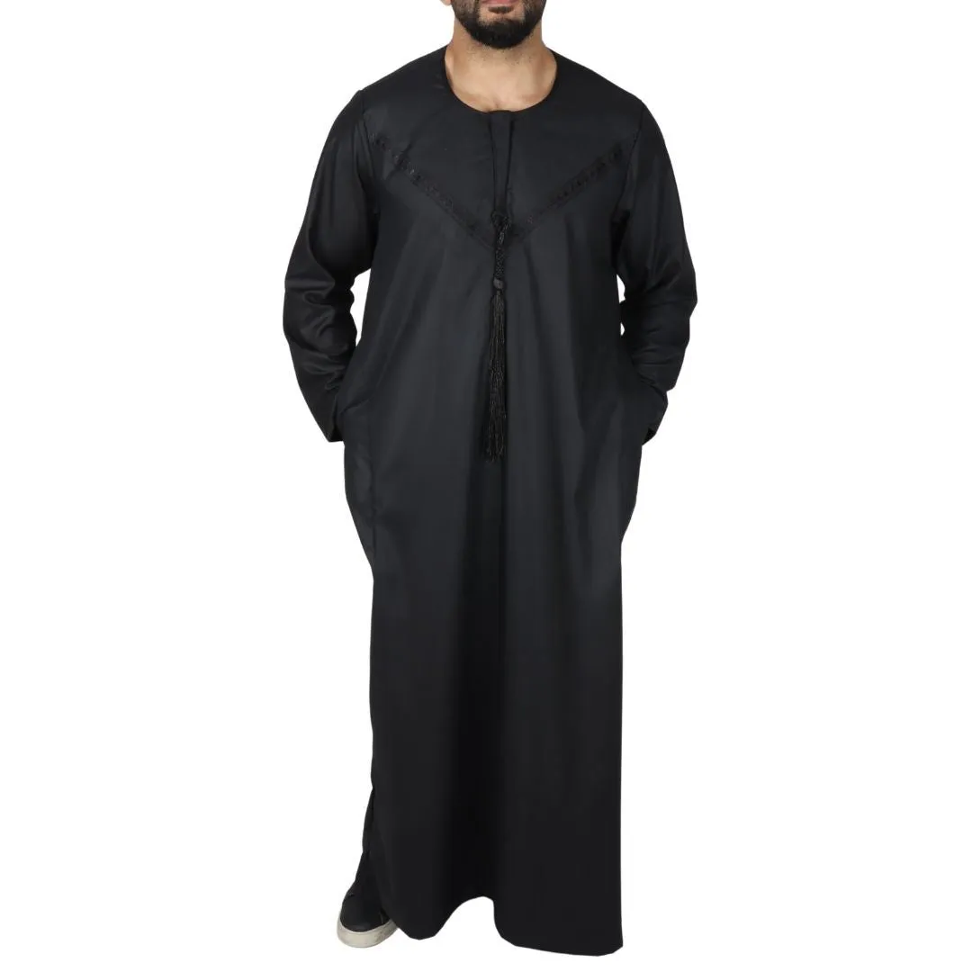 Men's Thobe Jubba Islamic Clothing Muslim Kaftan Emirati Omani Robe String Tassel