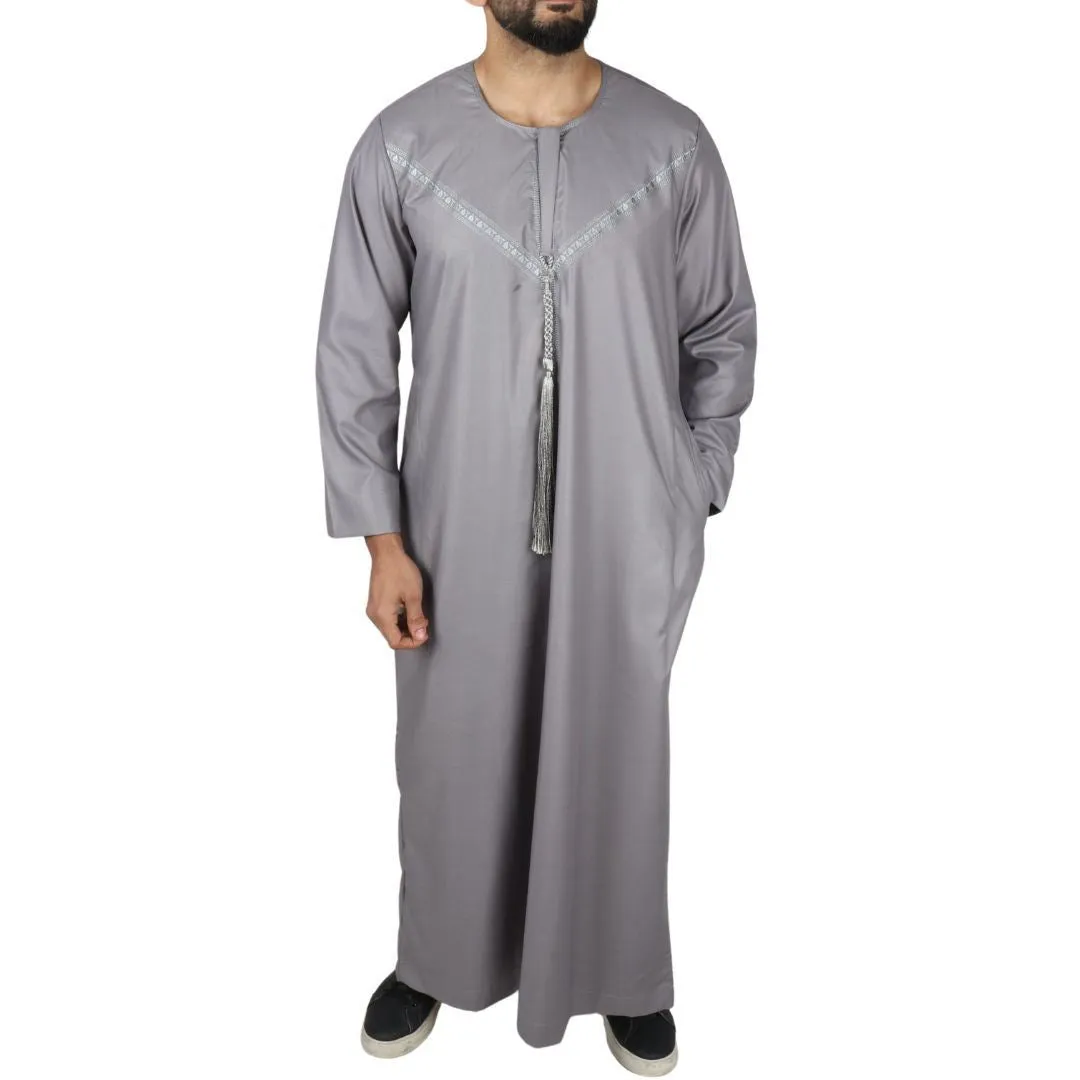 Men's Thobe Jubba Islamic Clothing Muslim Kaftan Emirati Omani Robe String Tassel