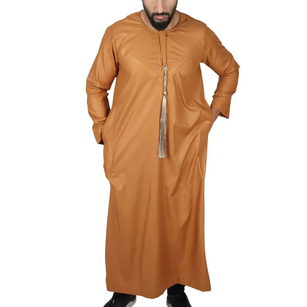 Men's Thobe Jubba Islamic Clothing Muslim Kaftan Emirati Omani Robe String Tassel