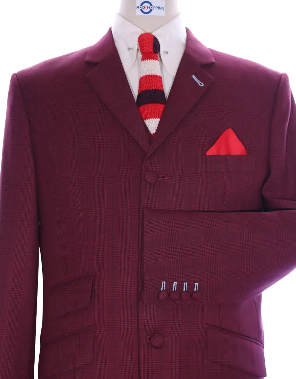 Mod Suit - Burgundy Prince Of Wales Check Suit