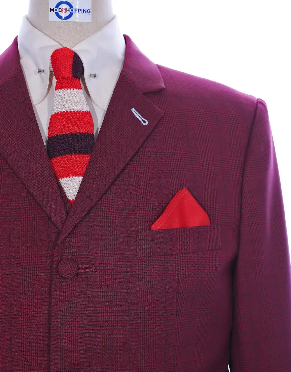 Mod Suit - Burgundy Prince Of Wales Check Suit