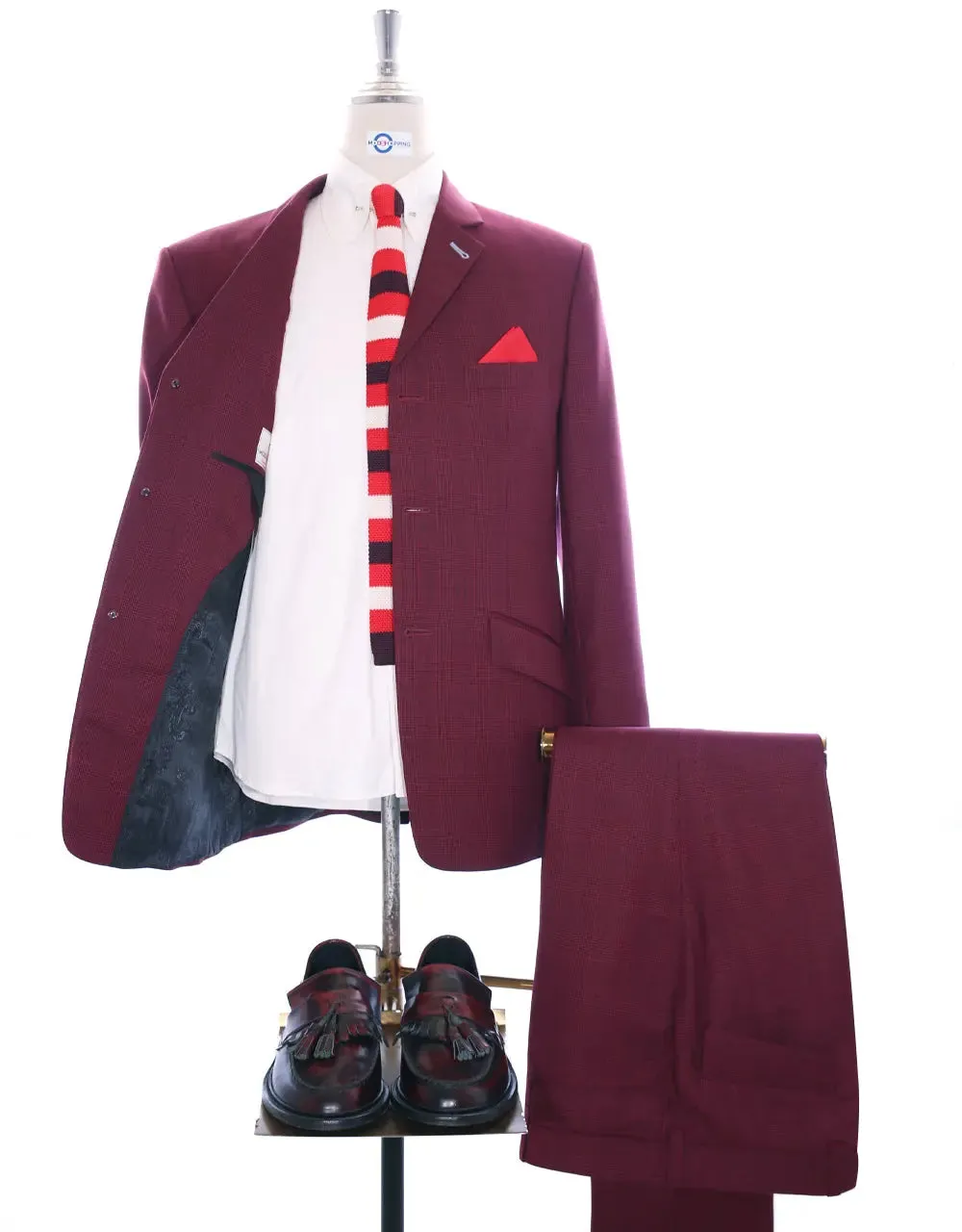 Mod Suit - Burgundy Prince Of Wales Check Suit