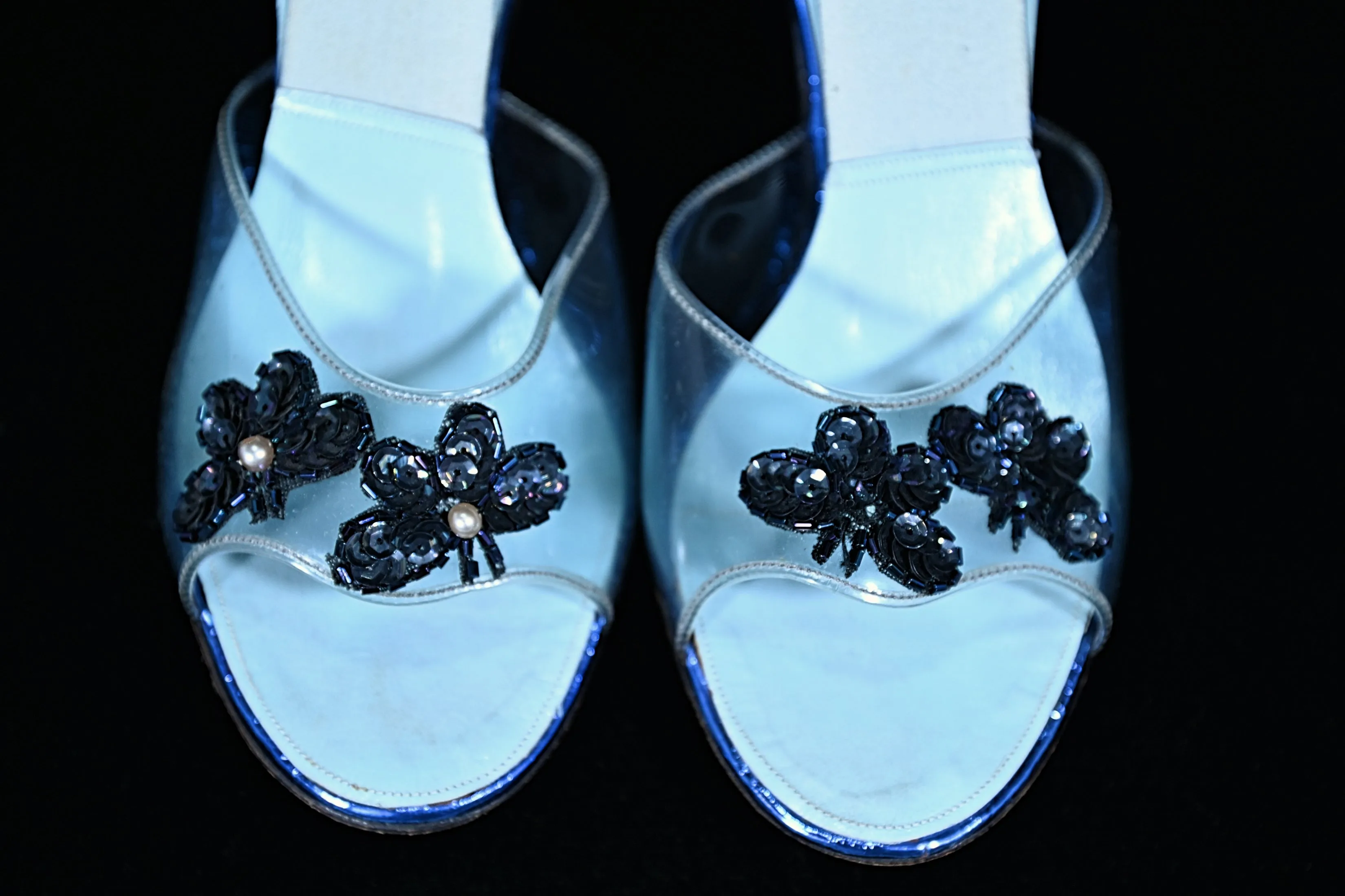 SOLD 1950s Clear Vinyl & Blue Slip on Mules