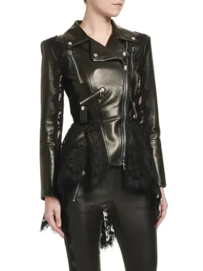 Women’s Black Lace Peplum Leather Biker Jacket