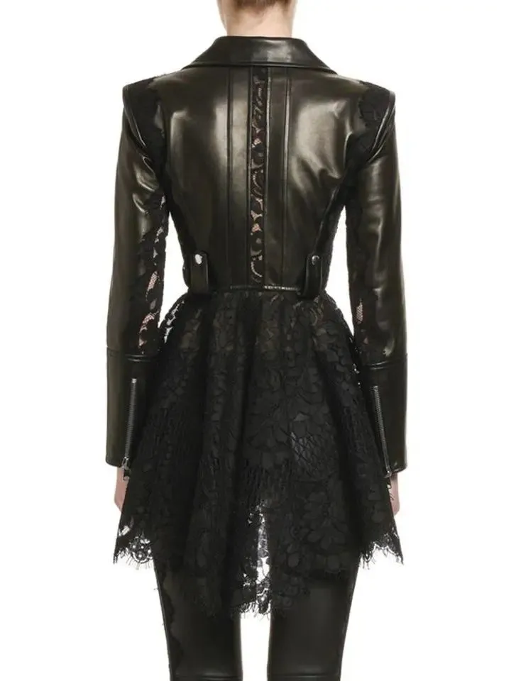 Women’s Black Lace Peplum Leather Biker Jacket