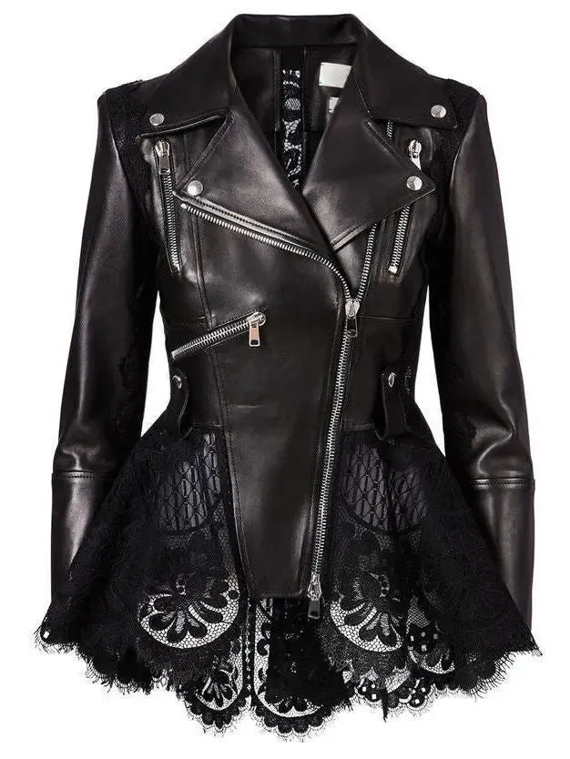 Women’s Black Lace Peplum Leather Biker Jacket