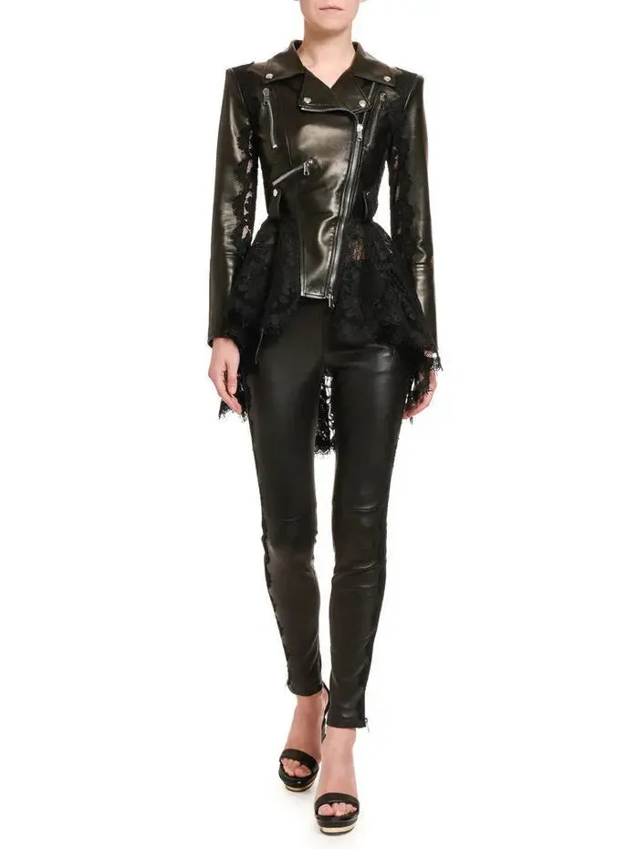 Women’s Black Lace Peplum Leather Biker Jacket