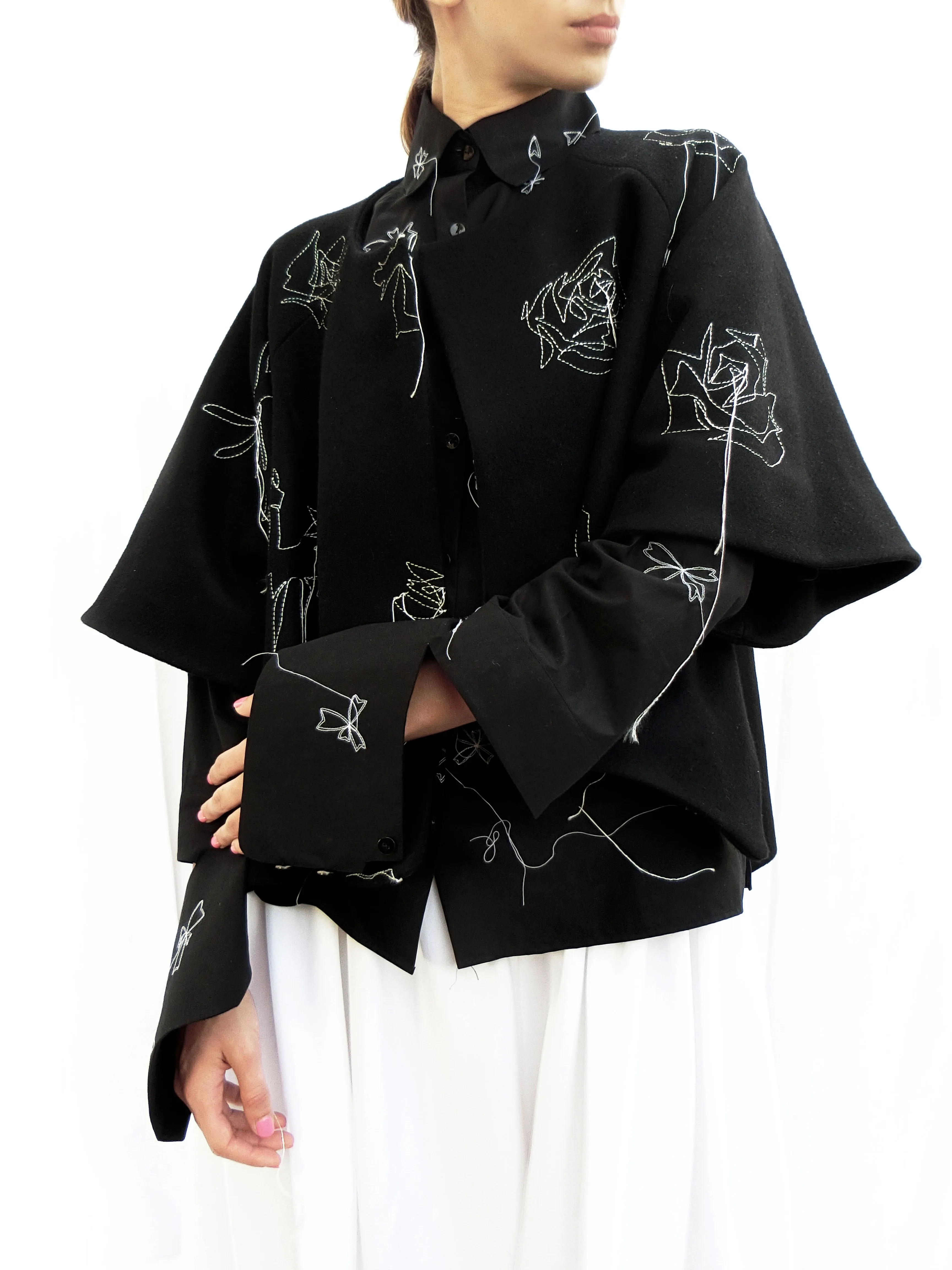 Wool Wide Jacket with Embroidered Stitching/ Black/ 100% Wool